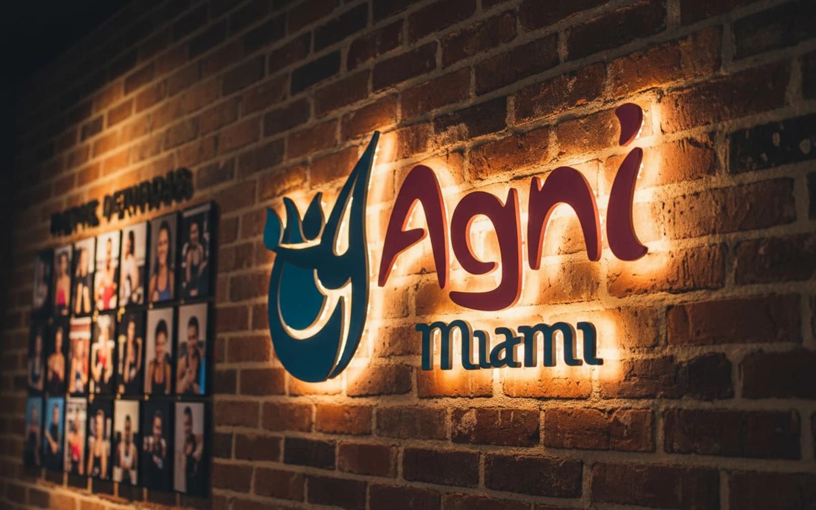 Warm halo-lit logo and letters on exposed brick wall