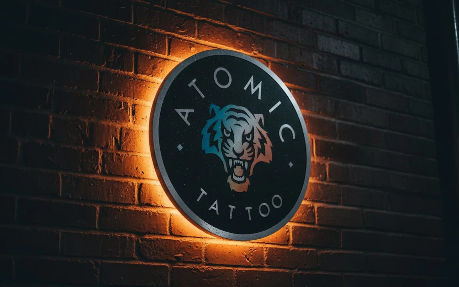 Backlit sign mockup for Atomic Tattoo & Body Piercing