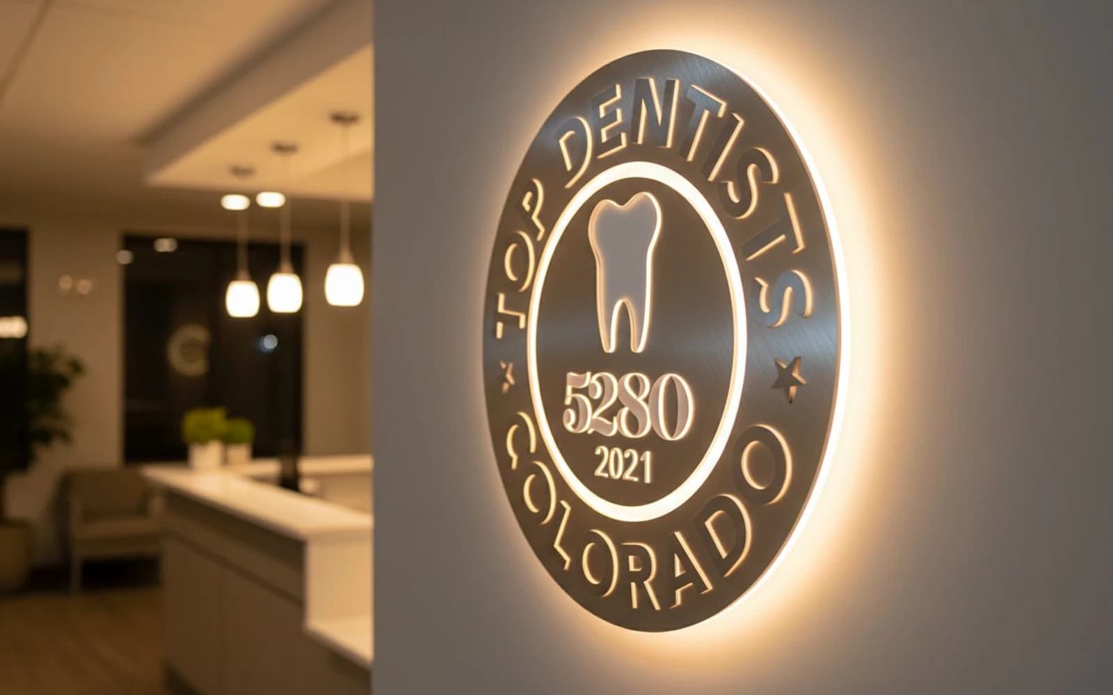 Backlit sign mockup for Cherry Creek Family Dentistry, Office of Dustin Ford, DDS