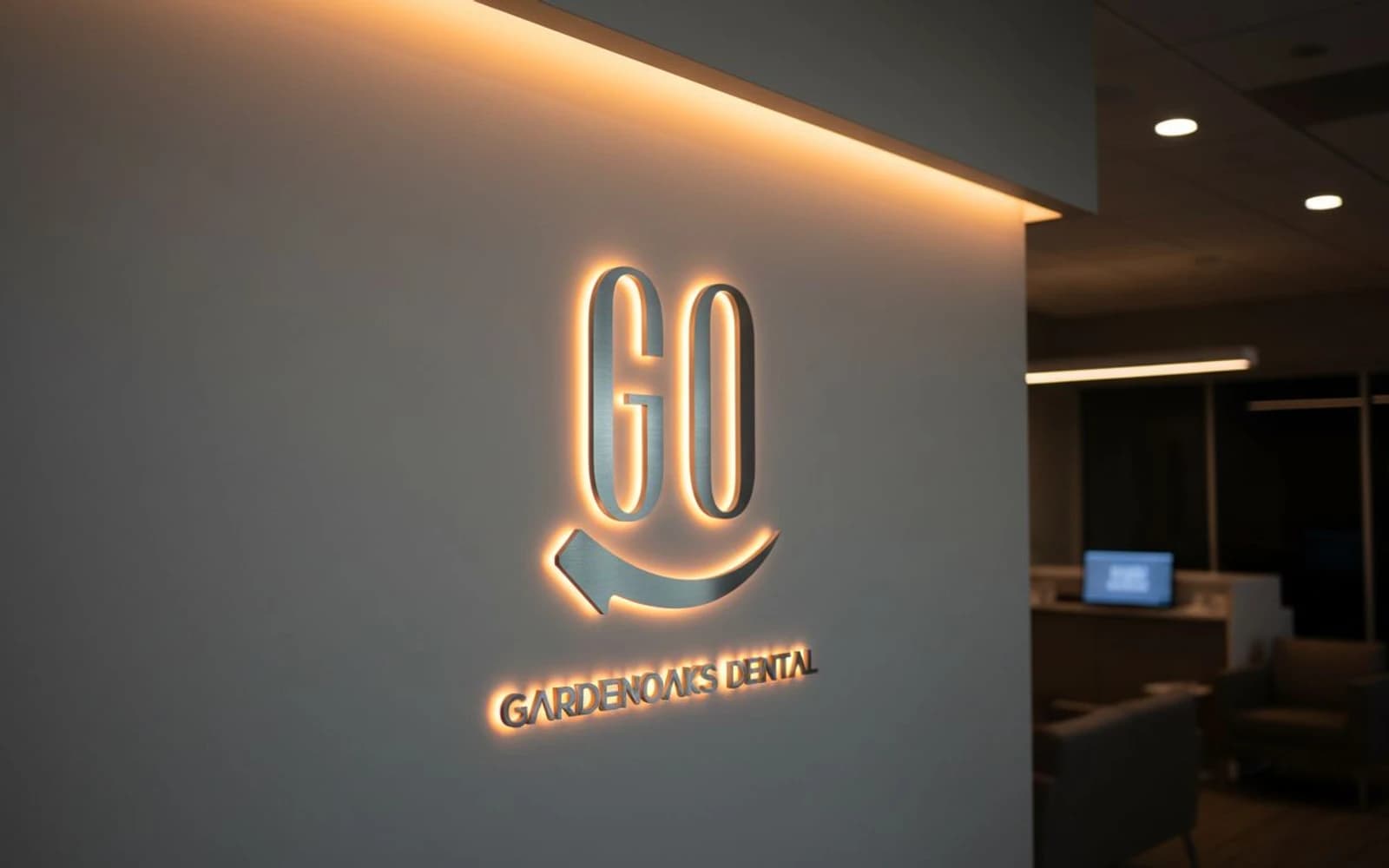 Backlit sign mockup for Garden Oaks Dental