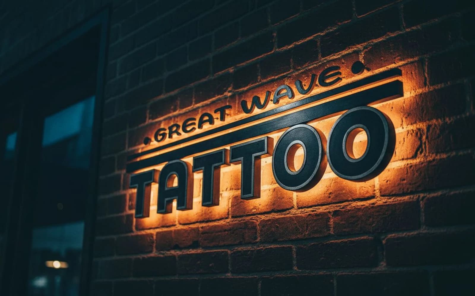 Backlit sign mockup for Great Wave Tattoo