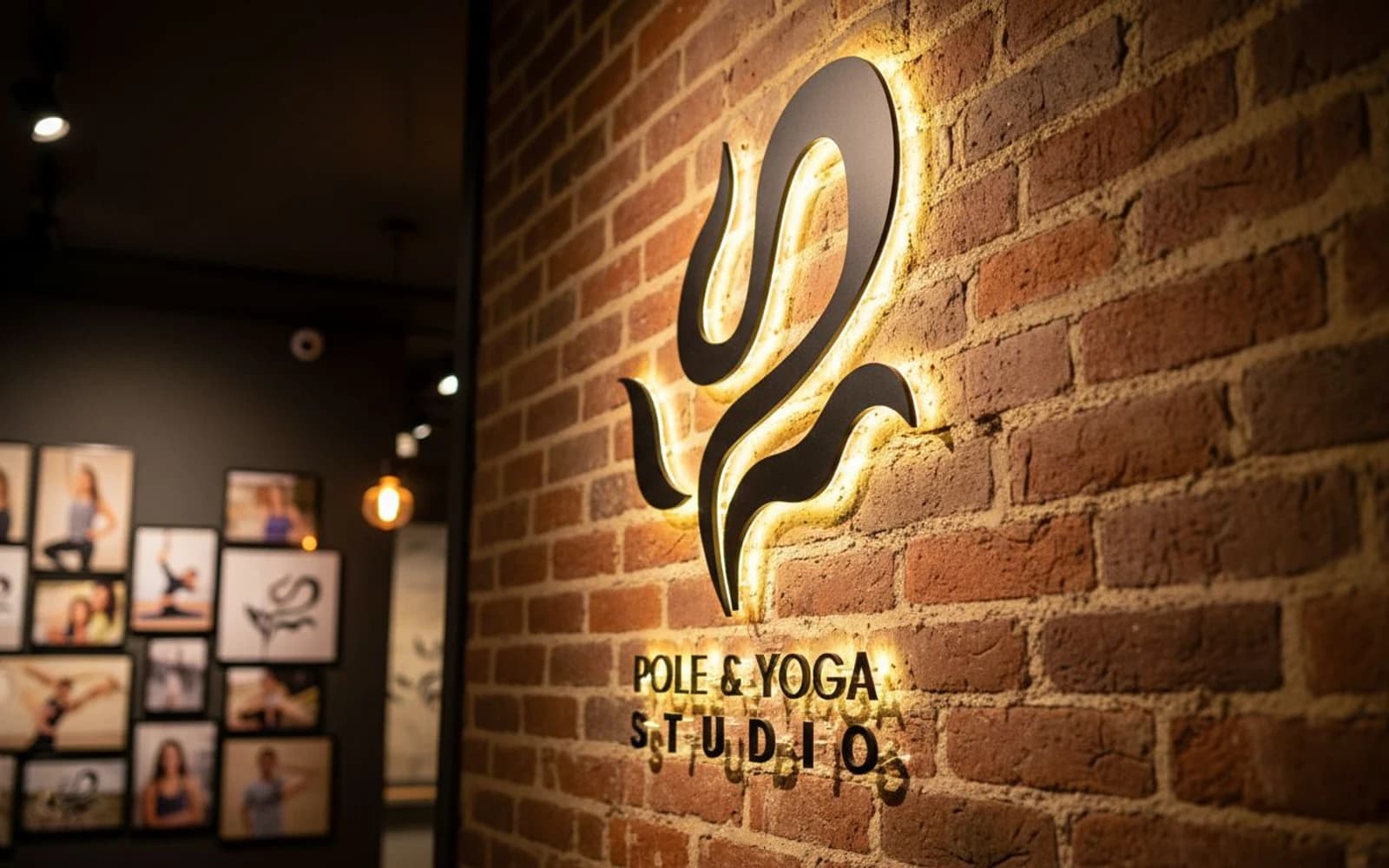 Backlit sculptural logo on exposed brick wall