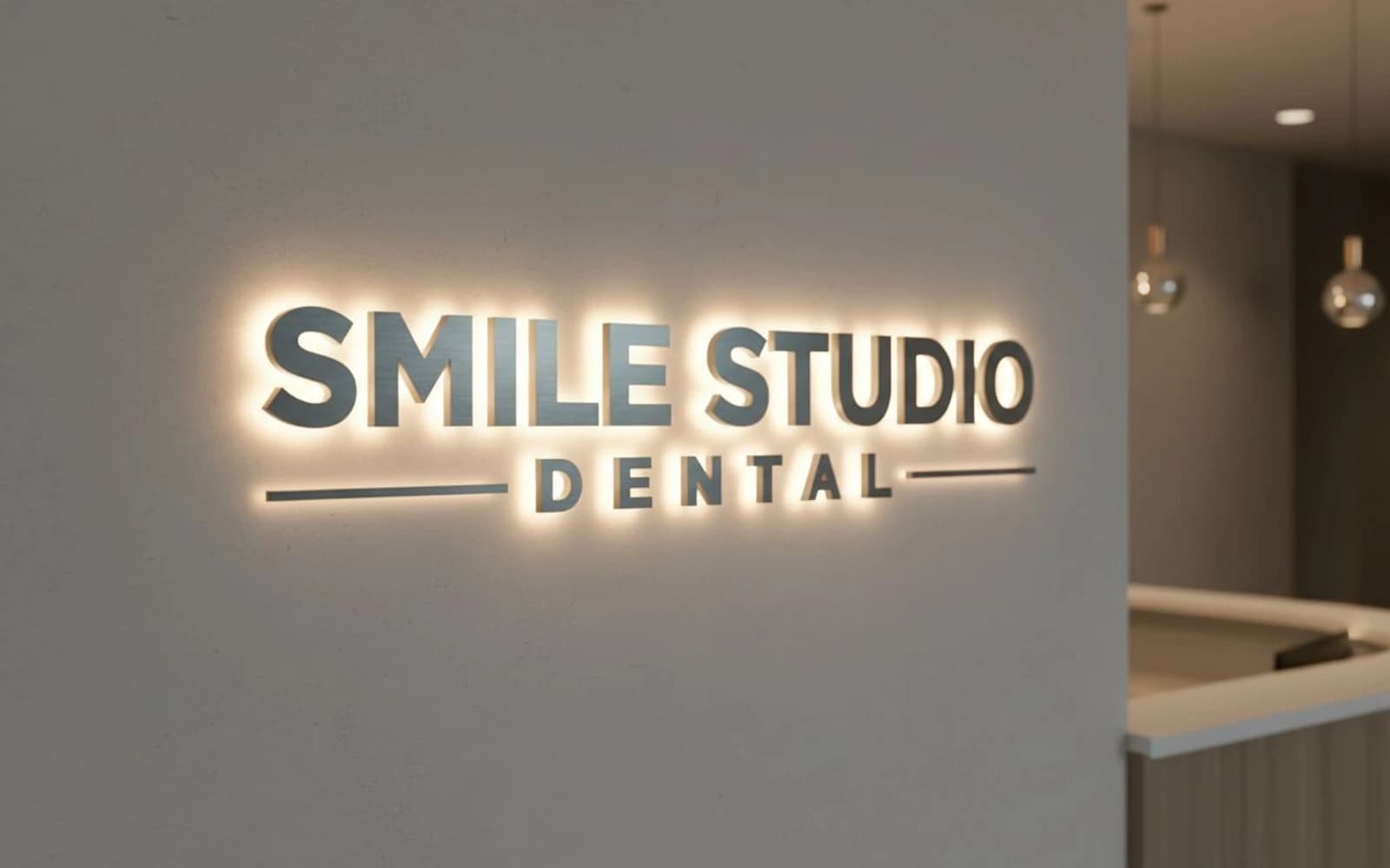 Backlit sign mockup for Smile Studio Dental - Denver