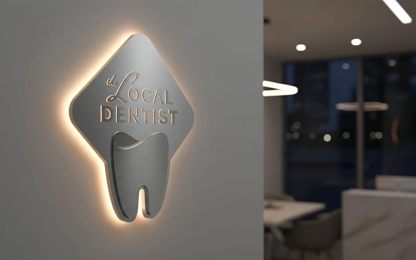 Backlit sign mockup for The Local Dentist